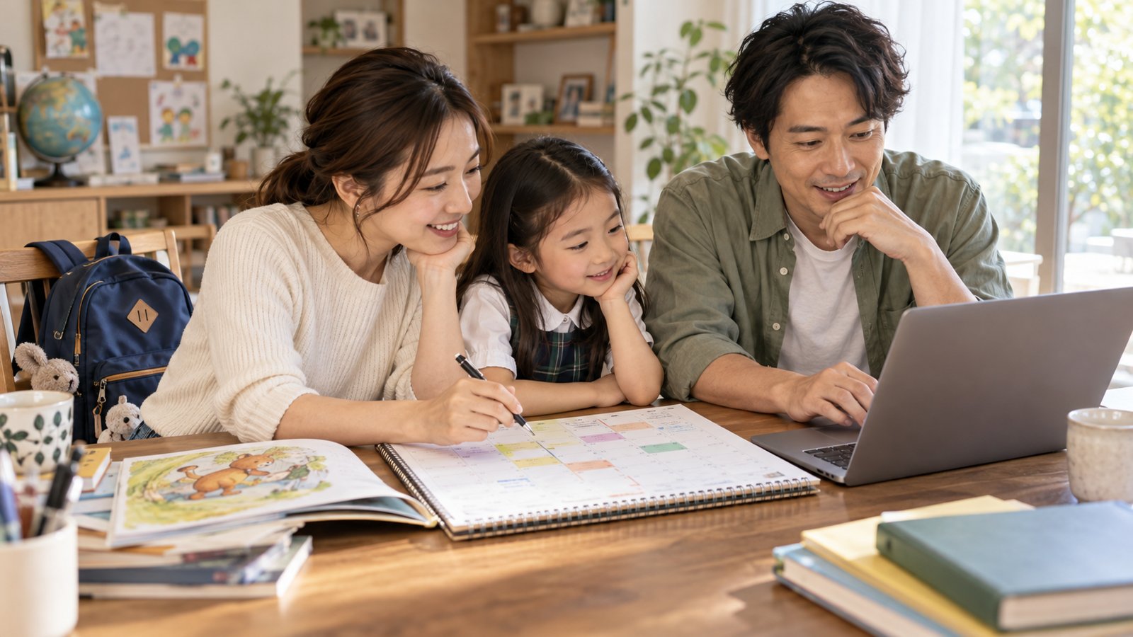 家庭で学校行事と仕事の予定を確認するイメージ